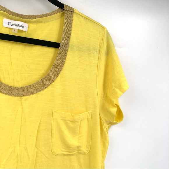 CALVIN KLEIN Pocket Tee Blouse Stretch Jersey Beaded Neckline L Yellow Top Women - Picture 2 of 5